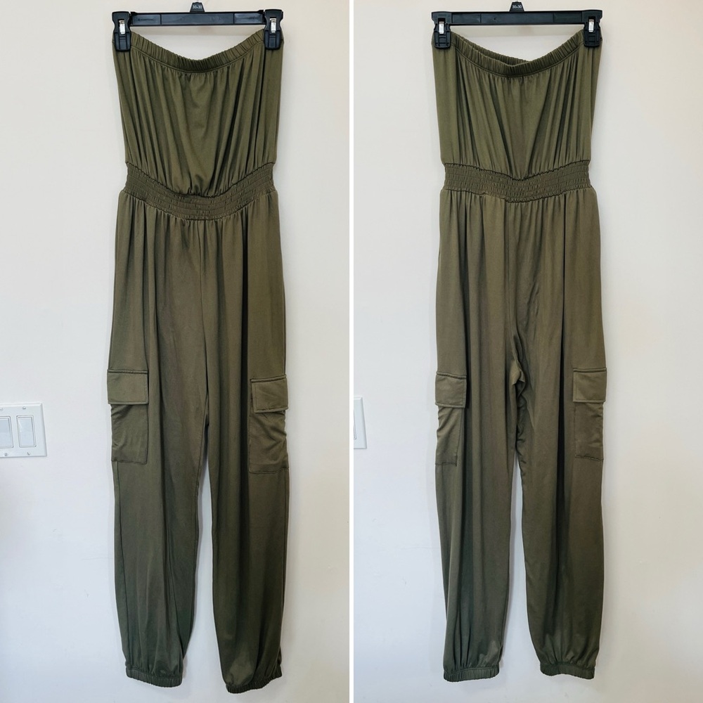 Olive Green Strapless Cargo Pant Romper